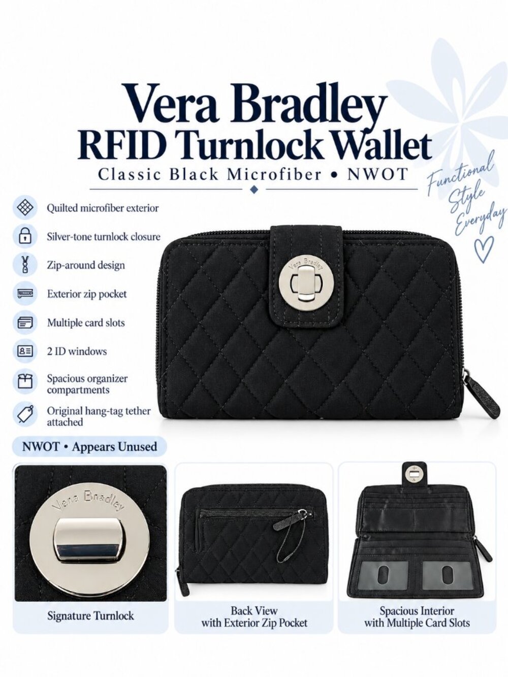 Vera Bradley RFID Turnlock Wallet Classic Black Microfiber NWOT MSRP $85